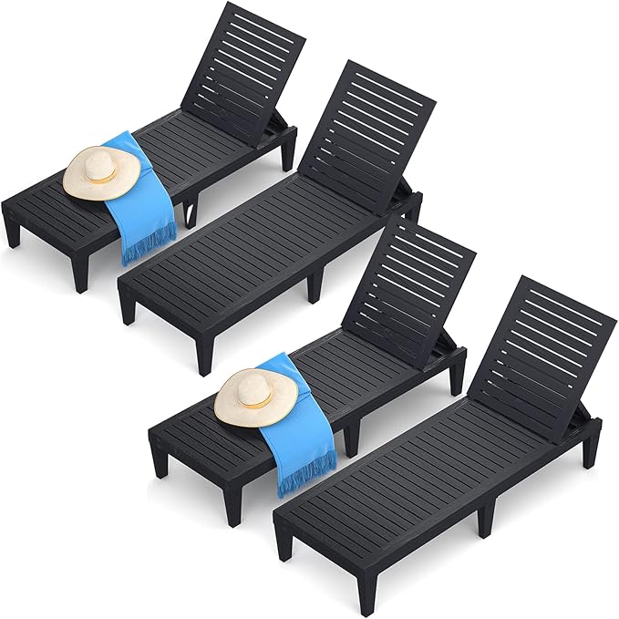 Chaise Lounge Chair Outdoor Set of 4 for Patio, Weather-Resistant Tanning Chair Recliner with Adjustable Backrest, Sun Lounger for Outside Deck, Pool, Poolside, Porch, Beach, Sunbathing, Black