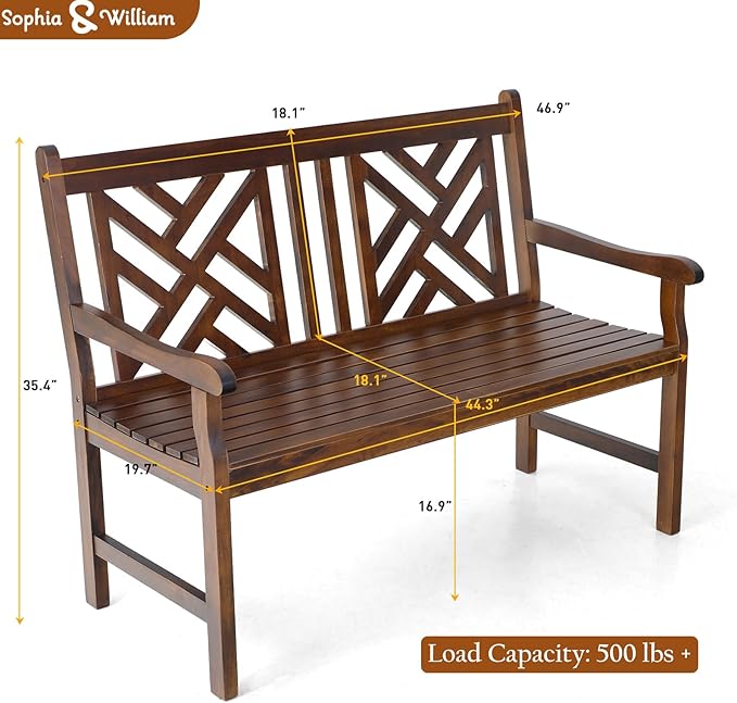 Sophia & William Outdoor Bench Garden Bench Wood 47", Patio Dining Bench Weatherproof with Back - Photo 3