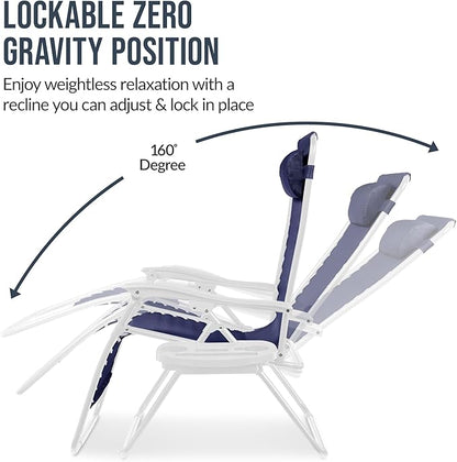 Best Choice Products Set of 2 Extra Wide Adjustable Steel Mesh Zero Gravity Lounge Chair Recliners w/Pillows and Cup Holder Trays - Navy/White