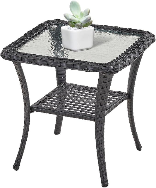 Belord Handwoven Wicker Side Table - 20 Inch Small Outdoor Table 2 Tier Storage with Tempered Glass Top, All Weather Outdoor Patio End Tables for Deck Balcony Outside Black