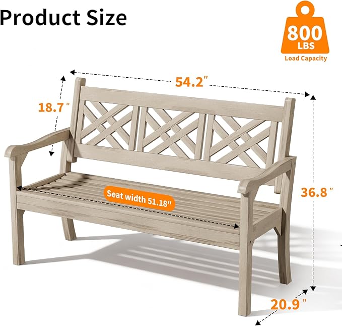 Psilvam 54''W All-Weather Poly Lumber Outdoor Bench, 3-Person Garden Bench with Decorative Backrest & Curved Armrests, Anti-Rot & Fade-Free Patio Bench for Porch, Backyard, and Park(Grey)
