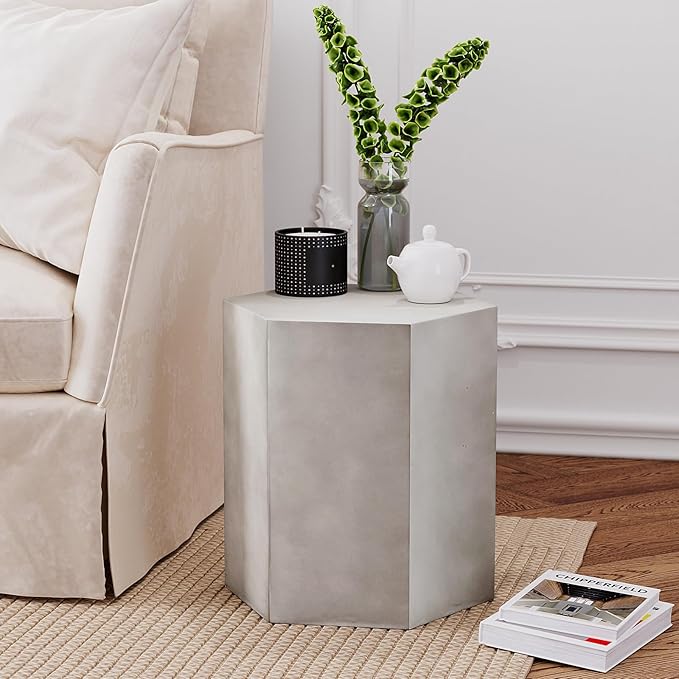 HOMPUS Concrete Side Table, Hexagon Outdoor Side Table, Modular Design Accent Table, Indoor Patio End Tables, Light Grey Home Décor for Living Room, Bedroom or Backyard (14.5" L x 12.5" W x16 H)