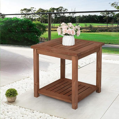 Outvita Patio Small Side Table, Acacia Wood 18 inch Double-Deck Coffee Table with Storage Tier for Living Room, Garden, Balcony, Porch, Deck (Carbonized Color)