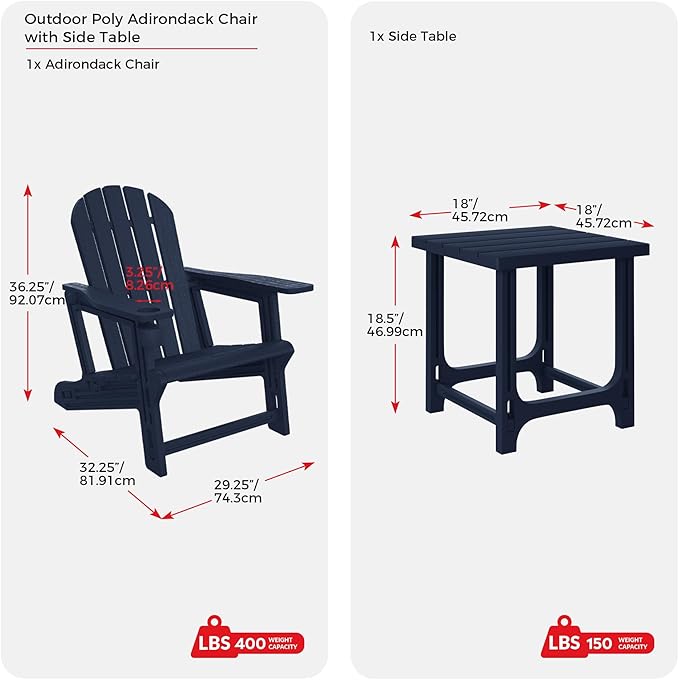 Costaelm Cayman 2-Piece HDPE Plastic Adirondack Patio Chair Set with 18" Side Table, Navy Blue