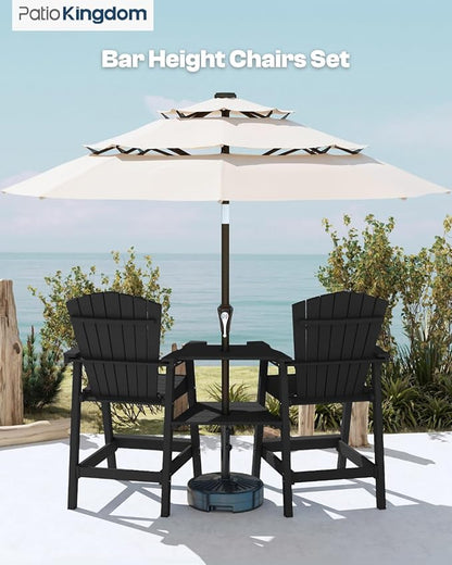 Black HDPE Tall Adirondack Chair Set of 2 with Beige 11FT Cantilever Umbrella, All-Weather Outdoor Bar Height Chairs with Trays & Umbrella Hole for Balcony