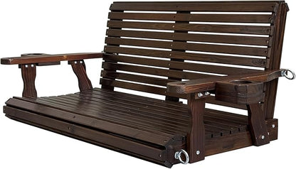 Wooden Porch Swing 2-Seater, High Backrest and Deep Seat, Bench Swing with Cupholders, Hanging Chains and 7mm Springs, Heavy Duty 880 LBS, for Outdoor Patio Garden (Deep Brown, 4.5 feet Extra-Large)