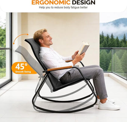 VINGLI Outdoor Rocking Chair, 450lbs Capacity Portable Outdoor Rocker with Hard Armrests, All Weather Porch Rocker for Garden, Living Room, Patio, Lawn (Black, Without footrest)