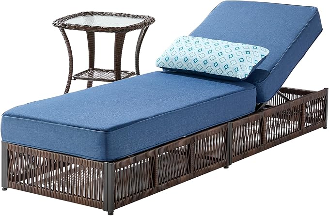 Luxury 2PCS Outdoor Chaise Lounge and Side Table Set with 5 Inch Thick Cushions - High Back Brown Wicker Patio Recliners Chairs Lounger for Poolside Pool Porch Garden Sunbathing - Navy Blue