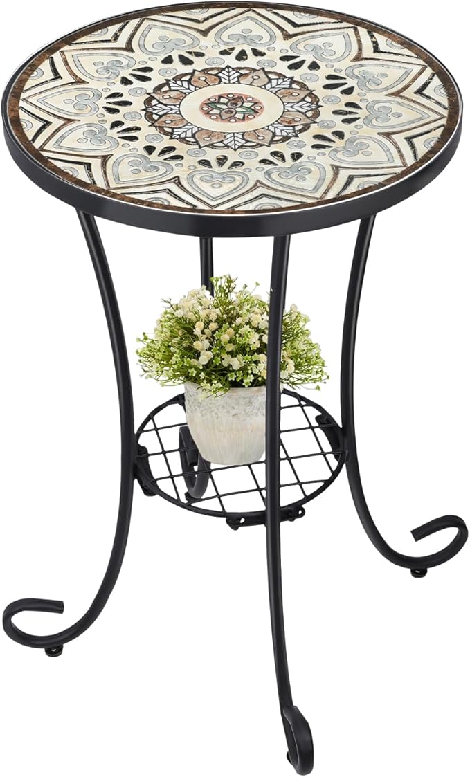 VCUTEKA Outdoor Side Table Mosaic Patio Table Accent Tables Mosaic Tile Top Metal Frame Small End Tables Porch Beach Patio Garden Balcony Brown 14''