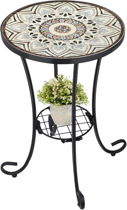 VCUTEKA Outdoor Side Table Mosaic Patio Table Accent Tables Mosaic Tile Top Metal Frame Small End Tables Porch Beach Patio Garden Balcony Brown 14''