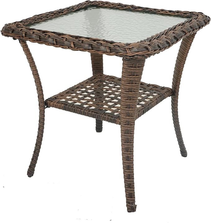 HUMMUH Patio Side Table Outdoor PE Wicker,Rattan End Table Glass Top Coffee Table with Storage Brown