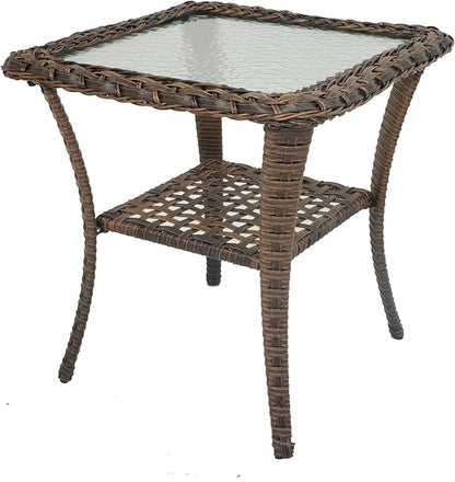 HUMMUH Patio Side Table Outdoor PE Wicker,Rattan End Table Glass Top Coffee Table with Storage Brown