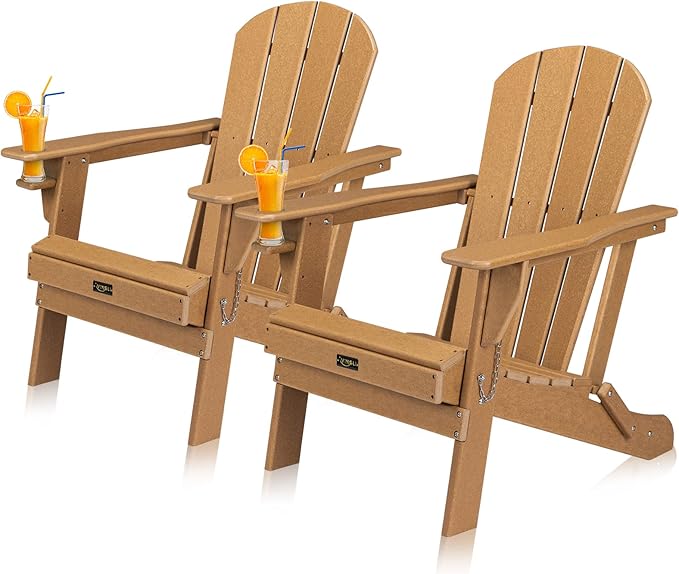 VINGLI Plastic Adirondack Chairs Set of 2, Folding with Cup Holder, Waterproof HDPE Material, Comfortable 380lb Weight Capacity for Outdoor Pool Patio Lounge Chair Lawn Furniture Firepit (Teak)