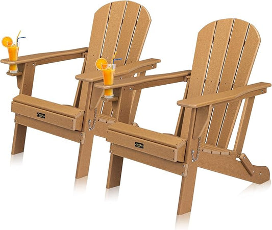 VINGLI Plastic Adirondack Chairs Set of 2, Folding with Cup Holder, Waterproof HDPE Material, Comfortable 380lb Weight Capacity for Outdoor Pool Patio Lounge Chair Lawn Furniture Firepit (Teak)