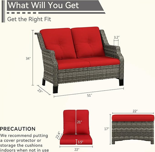 3 Piece Patio Furniture Set, 2-Seater Loveseat and 2 Ottomans PE Wicker Footstool, Outdoors Rattan Conversation Set with Deep Seating and Olefin Cushions, for Backyard, Garden, Red