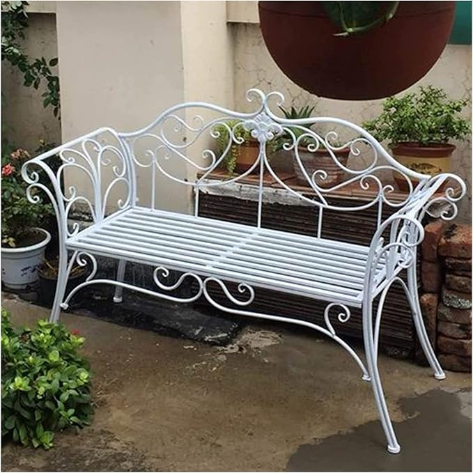 Park Bench Patio Garden Bench Backyard Benches, Metal Garden Bench Seat Park Chair Patio Decoration Furniture, Beautiful Shabby Vintage Outdoor Bench with Backrest (Color : White)