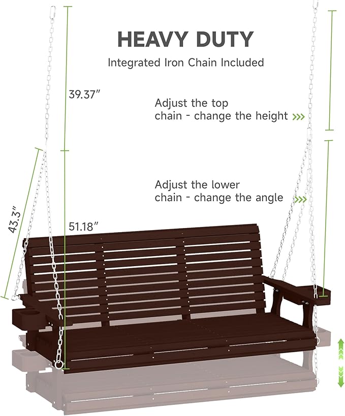 Real Relax Front Porch Swing, Wooden Upgraded 3 Person Seat Bench Swing Hanging Chair with Cup Holders - Photo 9