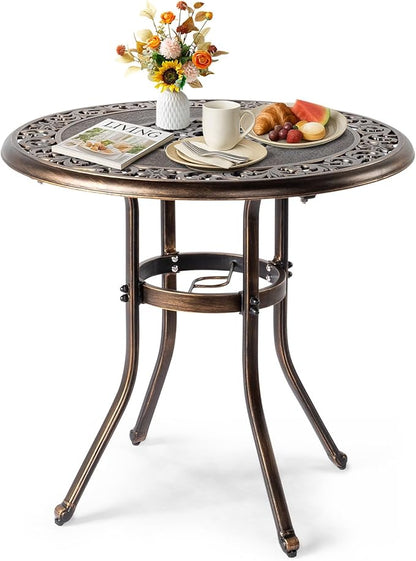 Outvita Outdoor Dining Table, Cast Aluminum Round Patio Bistro Table with Umbrella Hole Weather Resistant Aluminum for Balcony Poolside Garden Lawn