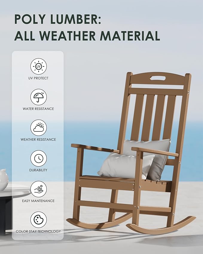 Outdoor Rocking Chair, All-Weather Resistant Poly Lumber Rocker Chair Outdoor, High Back Plastic Patio Rocking Chairs for Outside Porch Rocker Garden Lawn, Weather Wood