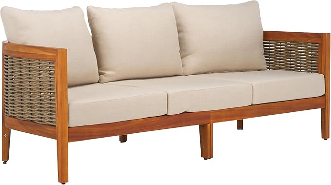 SAFAVIEH Outdoor Collection Amanda Natural Acacia Solid Wood/Taupe Cushion 3-Seater Sofa - Photo 4