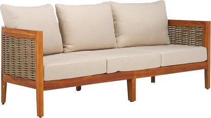 SAFAVIEH Outdoor Collection Amanda Natural Acacia Solid Wood/Taupe Cushion 3-Seater Sofa