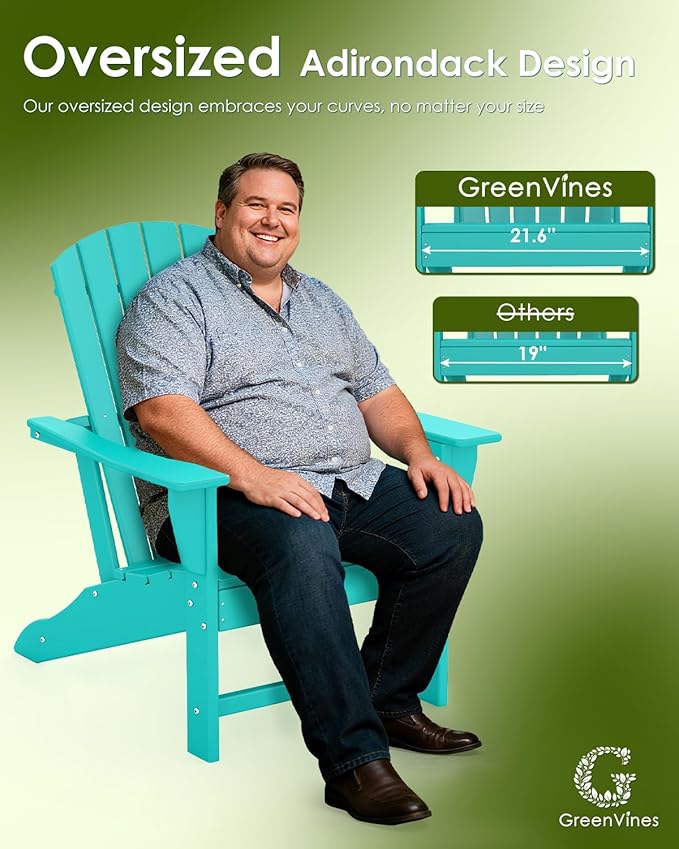 GREENVINES Adirondack Chairs Set of 4 | HDPE Plastic | Oversized Fire Pit Chair | All Weather | Aqua | Poly Lumber | for Outdoor Deck Backyard Patio Garden