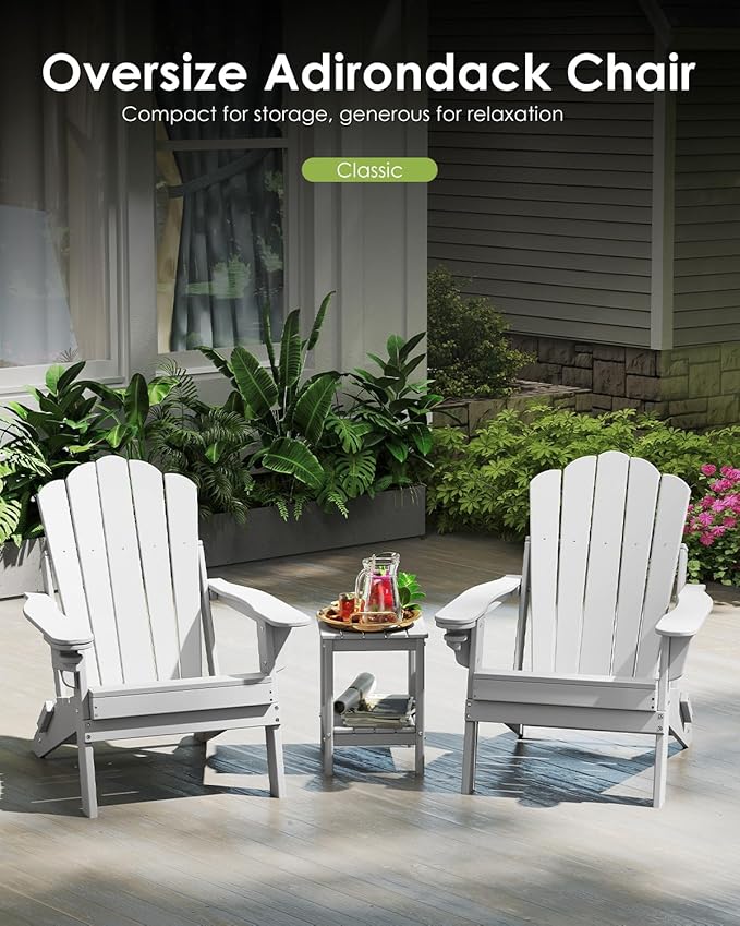 GREENVINES Oversized-Folding-Adirondack-Chairs-Set-of-4 | HDPE Plastic | Cup Holder | Fire Pit Chair | All Weather | for Outdoor Deck Backyard | White