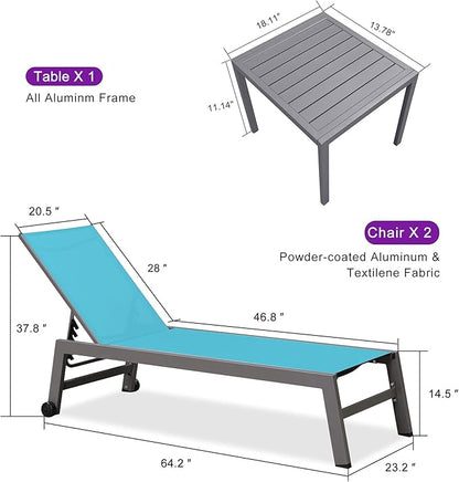 PURPLE LEAF Outdoor Lounge Chair Set for 2 Aluminum Patio Chaise Lounger with Wheels and Adjustable Backrest Pool Reclining Lounge Chairs for Beach Yard Poolside Table Included, Blue