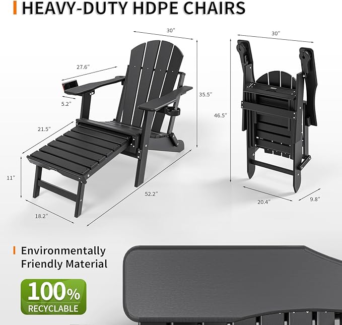 VINGLI Back-Adjustable Plastic Folding Adirondack Chairs with Retractable Footrest & 2-in-1 Cup Holders - Photo 3