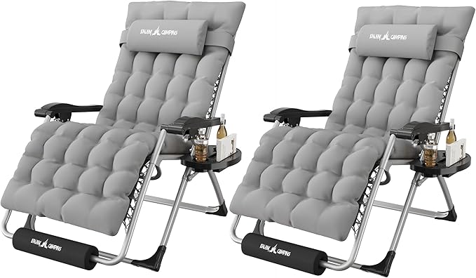 Amopatio Oversized Zero Gravity Chair Set of 2, 29in Reclining Camping Lounge Chair Upgraded Lock and Footrest, Cup Holder, Removable Cushion & Headrest Folding Patio Recliner