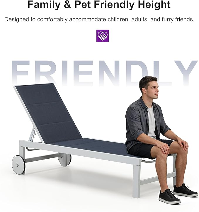 PURPLE LEAF Outdoor Chaise Lounge Set Elderly-Friendly Straight Legs Adjustable Sunbathing Recliner with Side Table for Back Support Poolside Beach Patio Lounge Chairs Navy Blue