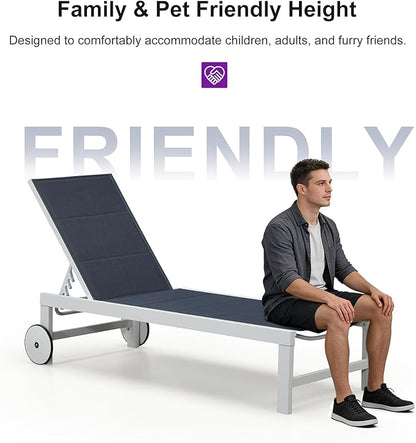 PURPLE LEAF Outdoor Chaise Lounge Set Elderly-Friendly Straight Legs Adjustable Sunbathing Recliner with Side Table for Back Support Poolside Beach Patio Lounge Chairs Navy Blue 2 Sets