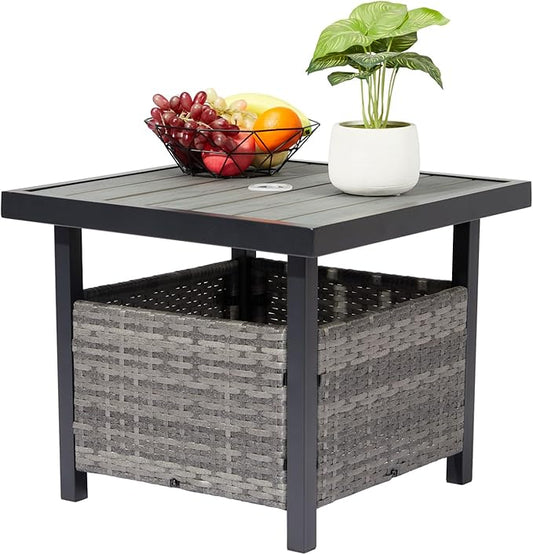 Outdoor Wicker Side Table with Umbrella Hole & Storage Space, Square PE Rattan End Table for Patio Garden Poolside Deck
