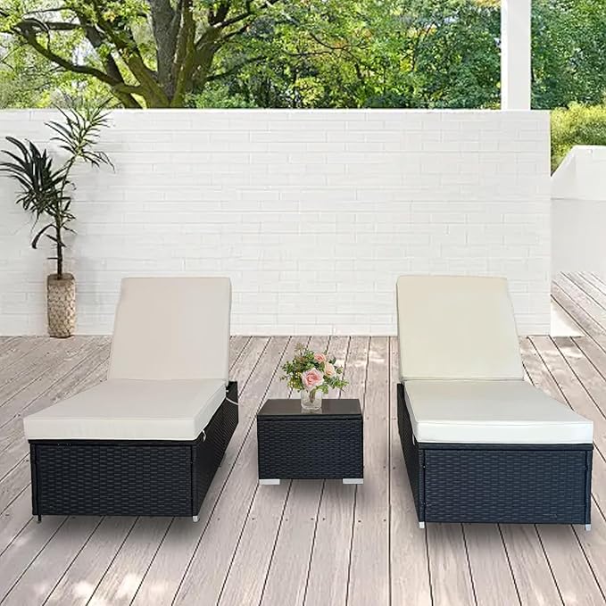 3 Piece Lounge Chair Outdoor, PE Wicker Rattan Chaise Lounge Chair with 5 Position Adjustable Backrest - Photo 1