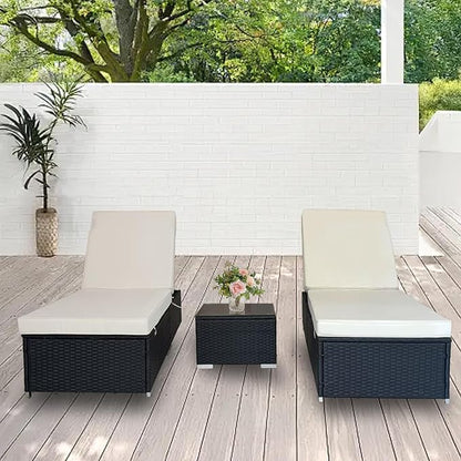 3 Piece Lounge Chair Outdoor, PE Wicker Rattan Chaise Lounge Chair with 5 Position Adjustable Backrest, Pool Lounge Chairs Set of 2 with Side Table for Patio, Poolside, Beach（White）