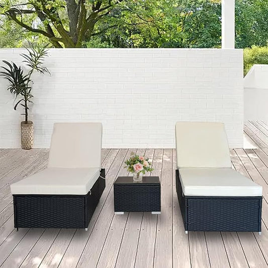 3 Piece Lounge Chair Outdoor, PE Wicker Rattan Chaise Lounge Chair with 5 Position Adjustable Backrest, Pool Lounge Chairs Set of 2 with Side Table for Patio, Poolside, Beach（White）