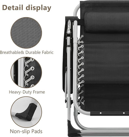 Zero Gravity Chair, Portable Folding Reclining Lounge Chairs with Adjustable Cushion and Cup Holder Trays for Outdoor, Patio, Beach, Camping, Garden, Poolside, Black