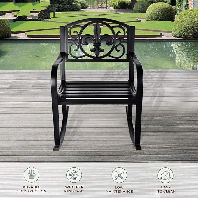 Grepatio Outdoor Patio Rocking Chair, Wrought Cast Iron Furniture Chair Metal Rocking Seat Chairs for for Deck, Backyard or Garden w/Scroll Design (Black)