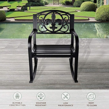 Grepatio Outdoor Patio Rocking Chair, Wrought Cast Iron Furniture Chair Metal Rocking Seat Chairs for for Deck, Backyard or Garden w/Scroll Design (Black)