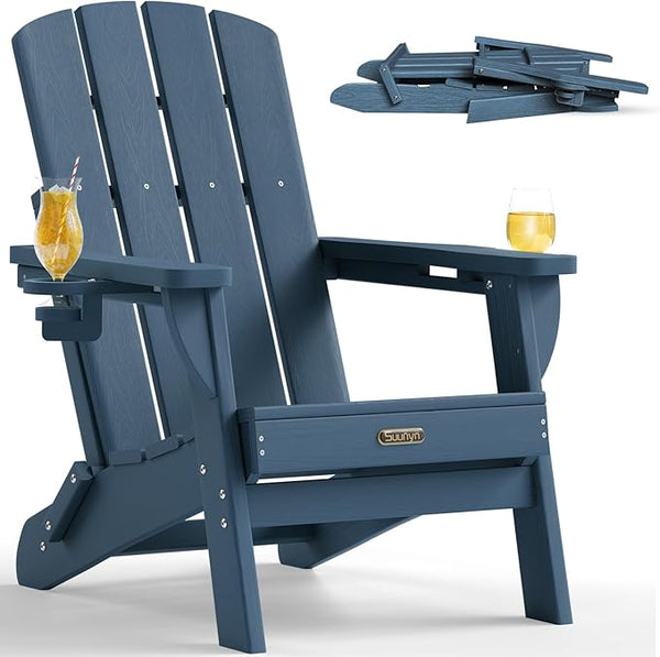Folding Adirondack Chair 1 Pack, HDPE All-Weather Fire Pit Chairs, Plastic Adirondack Chairs with 2 Cup Holder - Photo 1