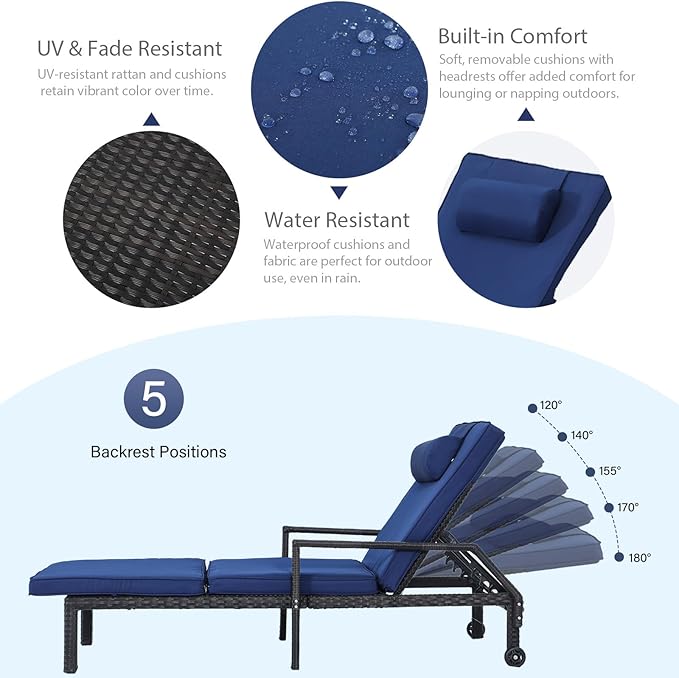 Patio Chaise Lounge – Adjustable Outdoor Lounge Chairs with Cushions & Headrest – All-Weather Rattan Reclining Lounge - Photo 6