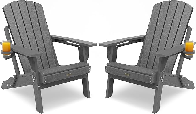 Adirondack Chair with Cup Holder: Adirondack Chairs set of 2 Plastic HDPE Material Furniture - Composite Fire Pit Chairs Foldable for Outdoor/Backyard/Garden/Lawn/Deck/Porch/Patio