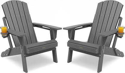 Adirondack Chair with Cup Holder: Adirondack Chairs set of 2 Plastic HDPE Material Furniture - Composite Fire Pit Chairs Foldable for Outdoor/Backyard/Garden/Lawn/Deck/Porch/Patio