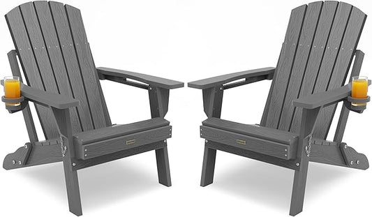 Adirondack Chair with Cup Holder: Adirondack Chairs set of 2 Plastic HDPE Material Furniture - Composite Fire Pit Chairs Foldable for Outdoor/Backyard/Garden/Lawn/Deck/Porch/Patio