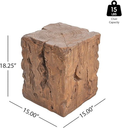 Outdoor Side Table, 15"x15" Tree Stump End Table with Realistic Wood Grain, Weather-Resistant Accent Table for Patio Garden Balcony, Rustic Brown Plant Stand & Drink Holder