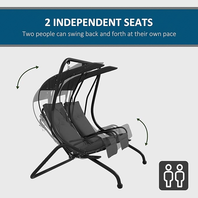 Outsunny Patio Swing Chair with 2 Separate Seats, Outdoor Swing with Removable Canopy and Cup Holders for Porch, Garden - Photo 3