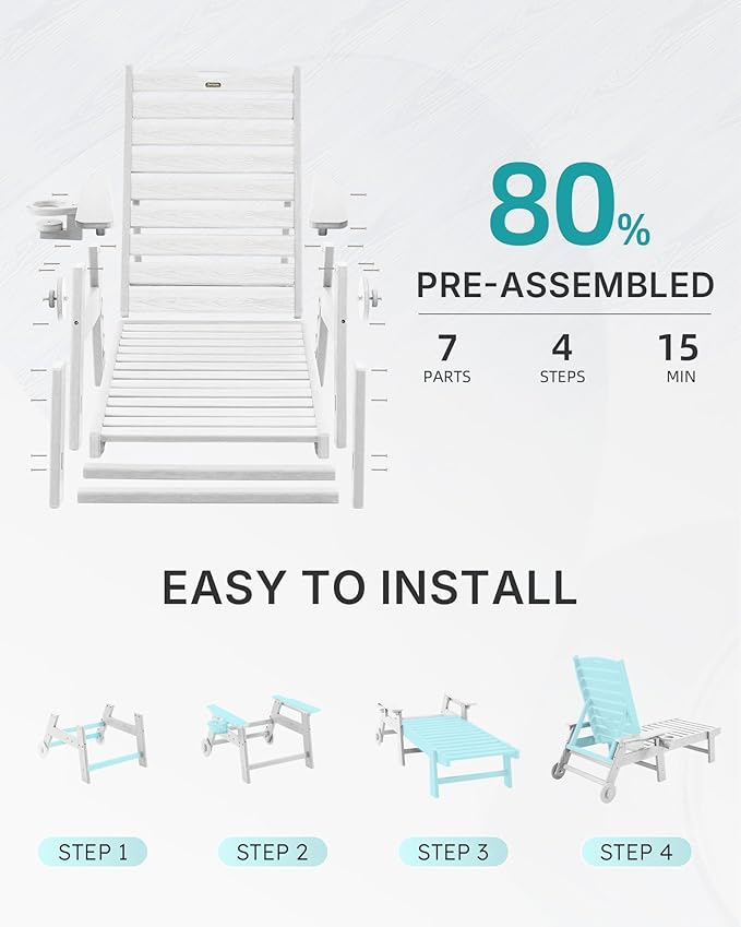 Chaise Lounge Chair Outdoor with Wheels, Oversize Patio Lounge Chairs with Wood Texture, 5-Position Plastic Lounge Chairs Set of 4-White(Separate Delivery)