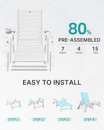 Chaise Lounge Chair Outdoor with Wheels, Oversize Patio Lounge Chairs with Wood Texture, 5-Position Plastic Lounge Chairs Set of 4-White(Separate Delivery)