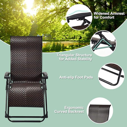Tangkula 2 PCS Rattan Zero Gravity Chair, Outdoor Adjustable Folding Lounge Chair with Widened Armrest & Locking System, Heavy Duty Wicker Chaise Folding Recliner for Pool, Patio, Beach, Yard (2)