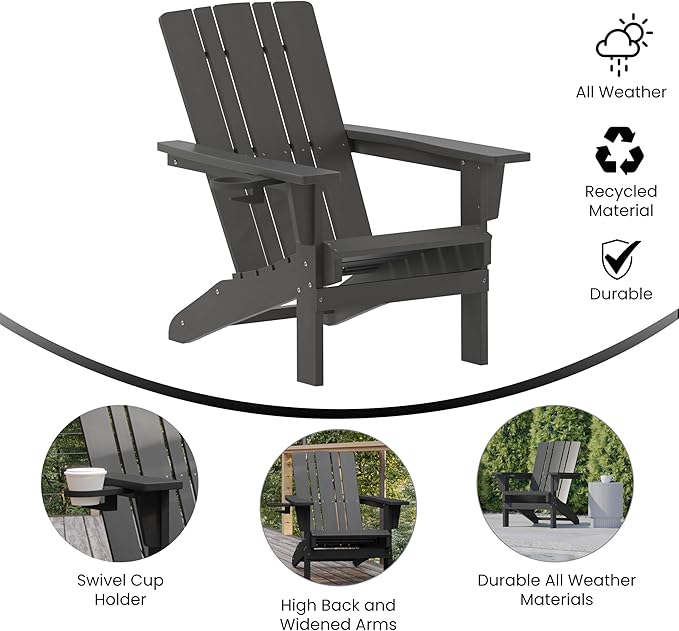 Taylor & Logan Hedley Adirondack Chair with Cup Holder, Weather Resistant HDPE Adirondack Chair in Gray, Set of 2